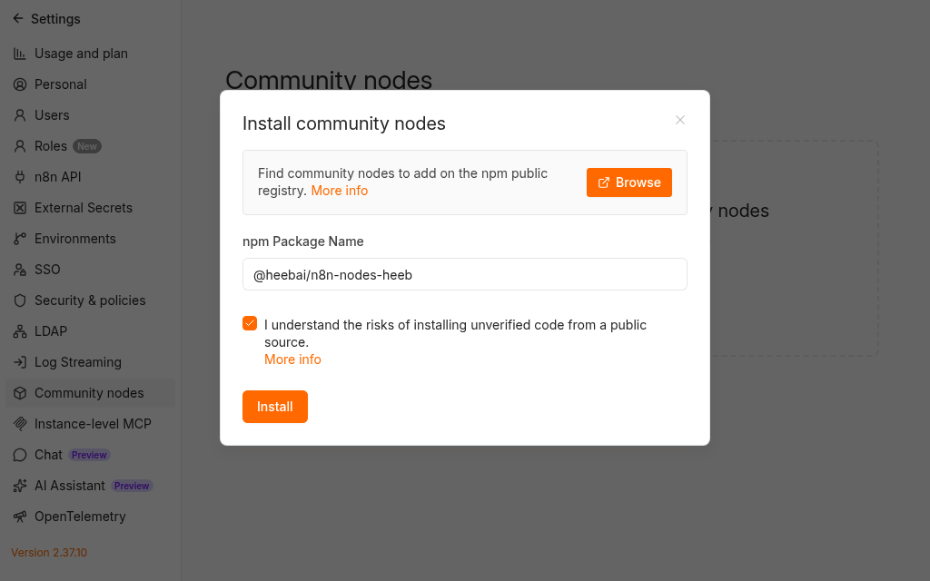 The Install community nodes dialog in n8n with @heebai/n8n-nodes-heeb typed into the npm Package Name field and the risk checkbox ticked